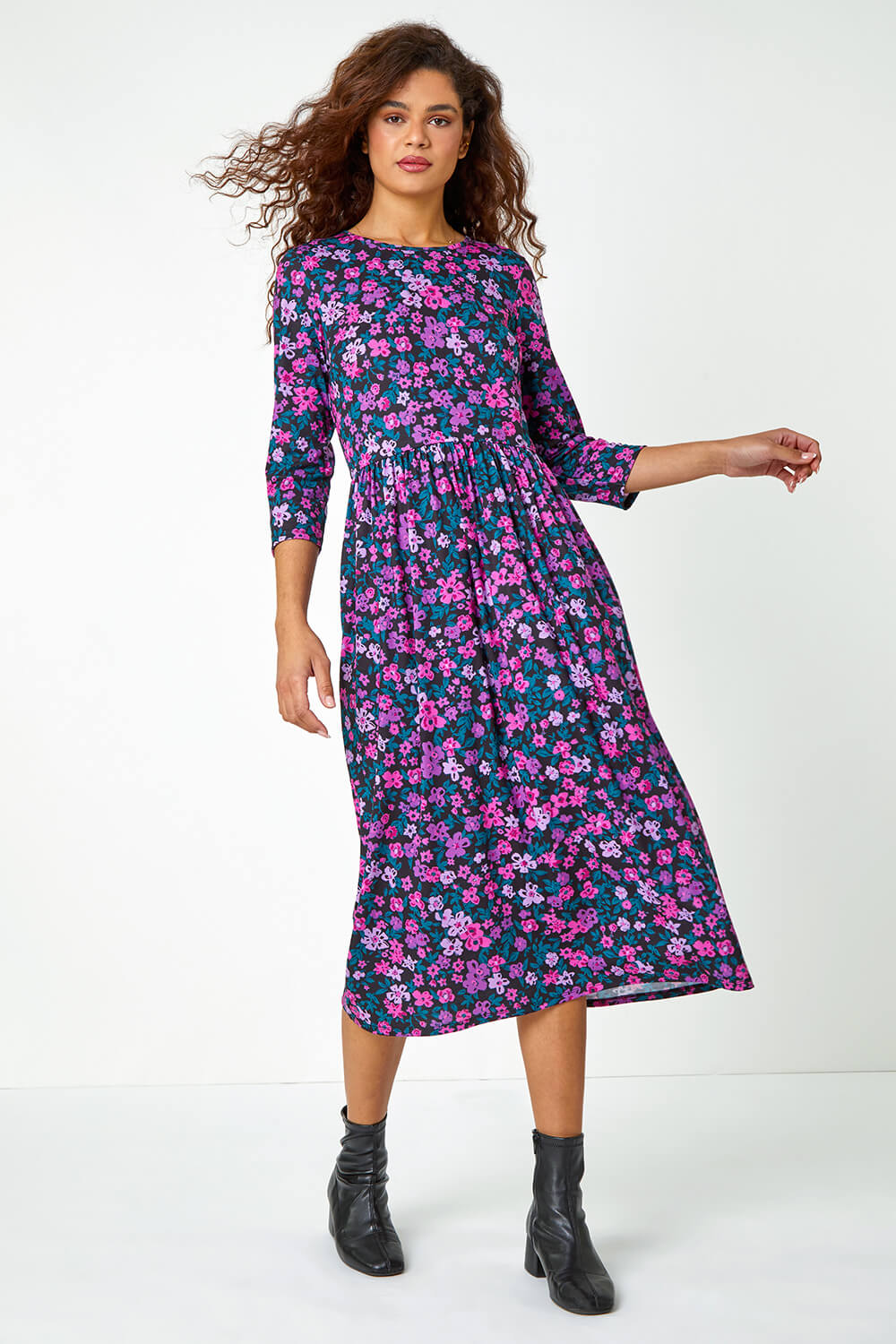 Purple Floral Print Midi Stretch Dress, Image 1 of 5