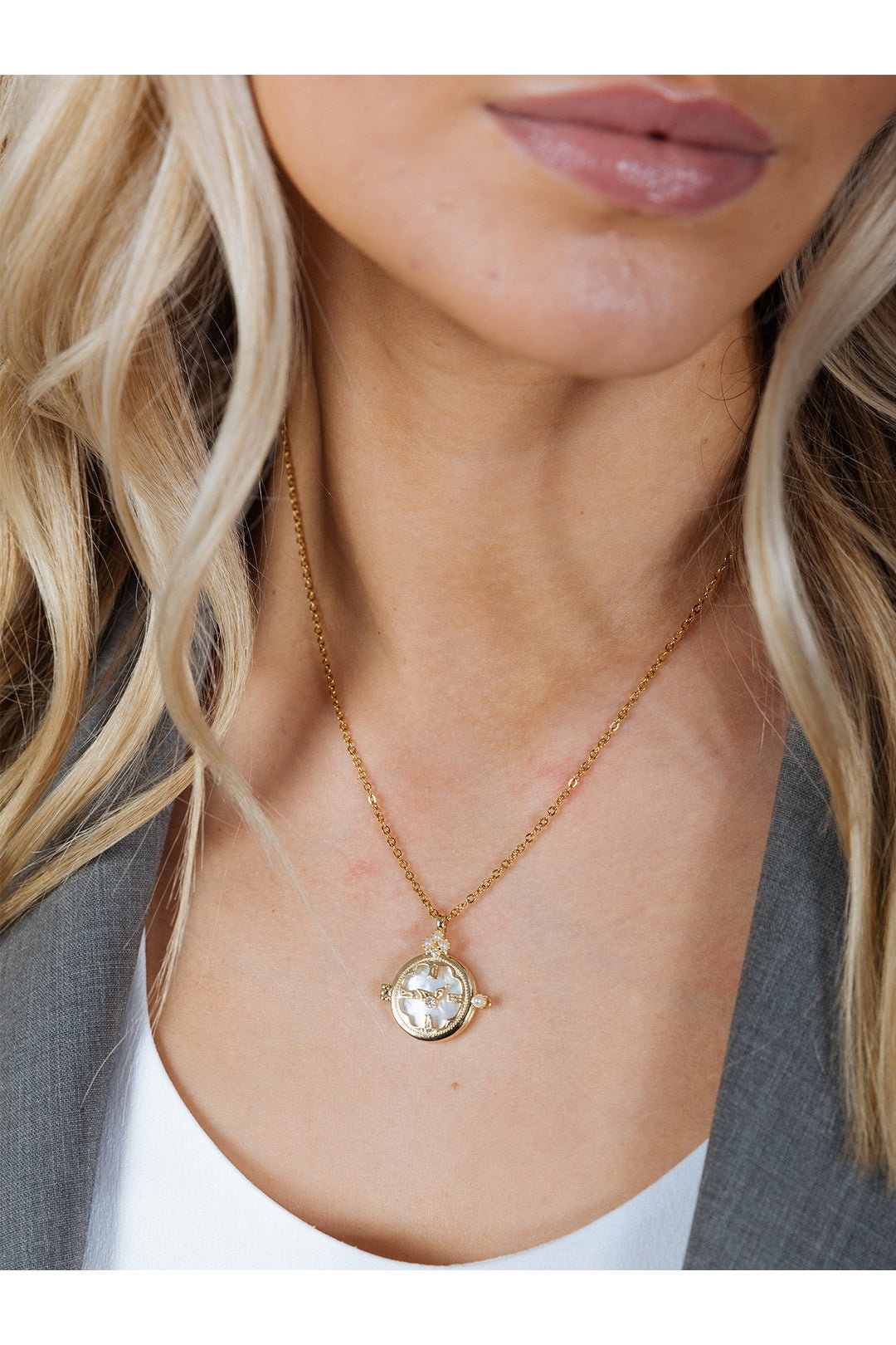 Gold Ivory Stone Clock Pendant Necklace, Image 2 of 5