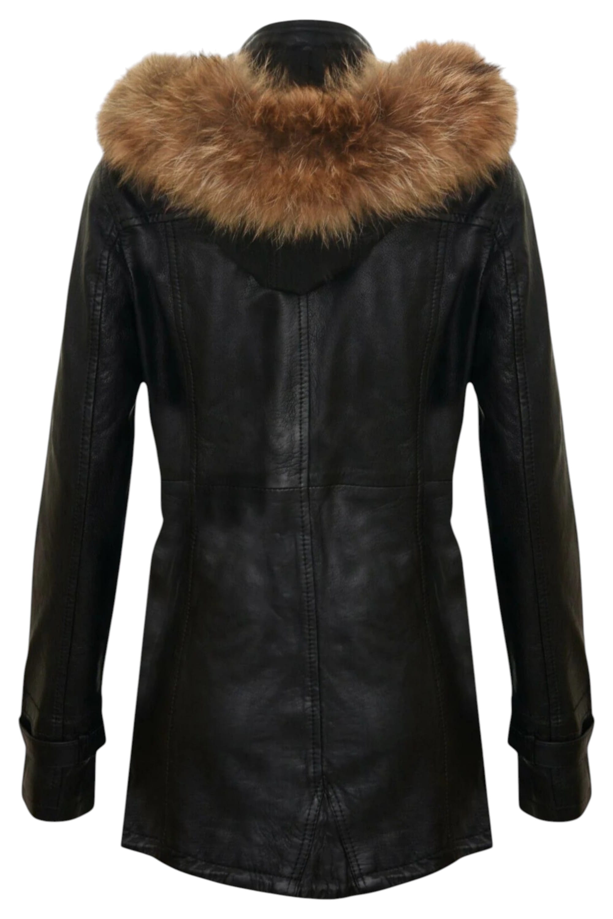 Black Leather Hooded Parka Jacket-Putian, Image 4 of 5