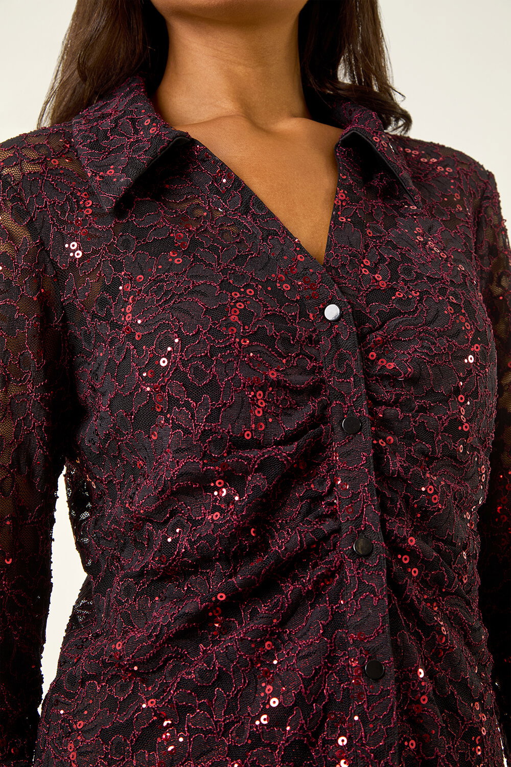 Wine Sparkly Lace Collared Blouse, Image 6 of 5