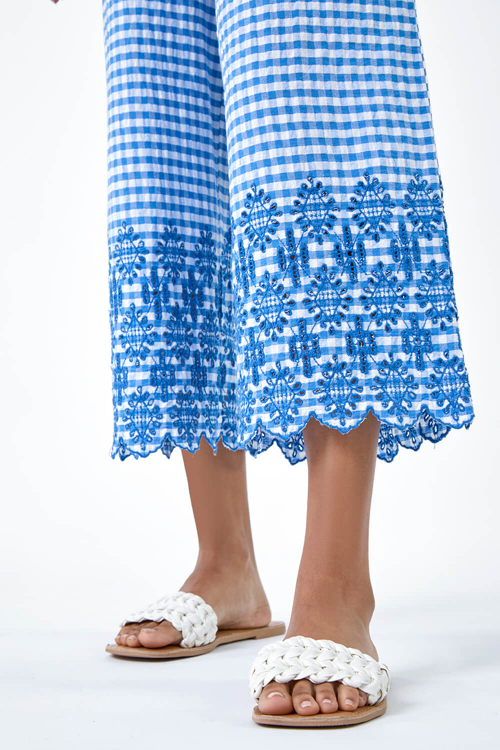 Blue Gingham Cotton Broderie Cropped Trousers, Image 6 of 5