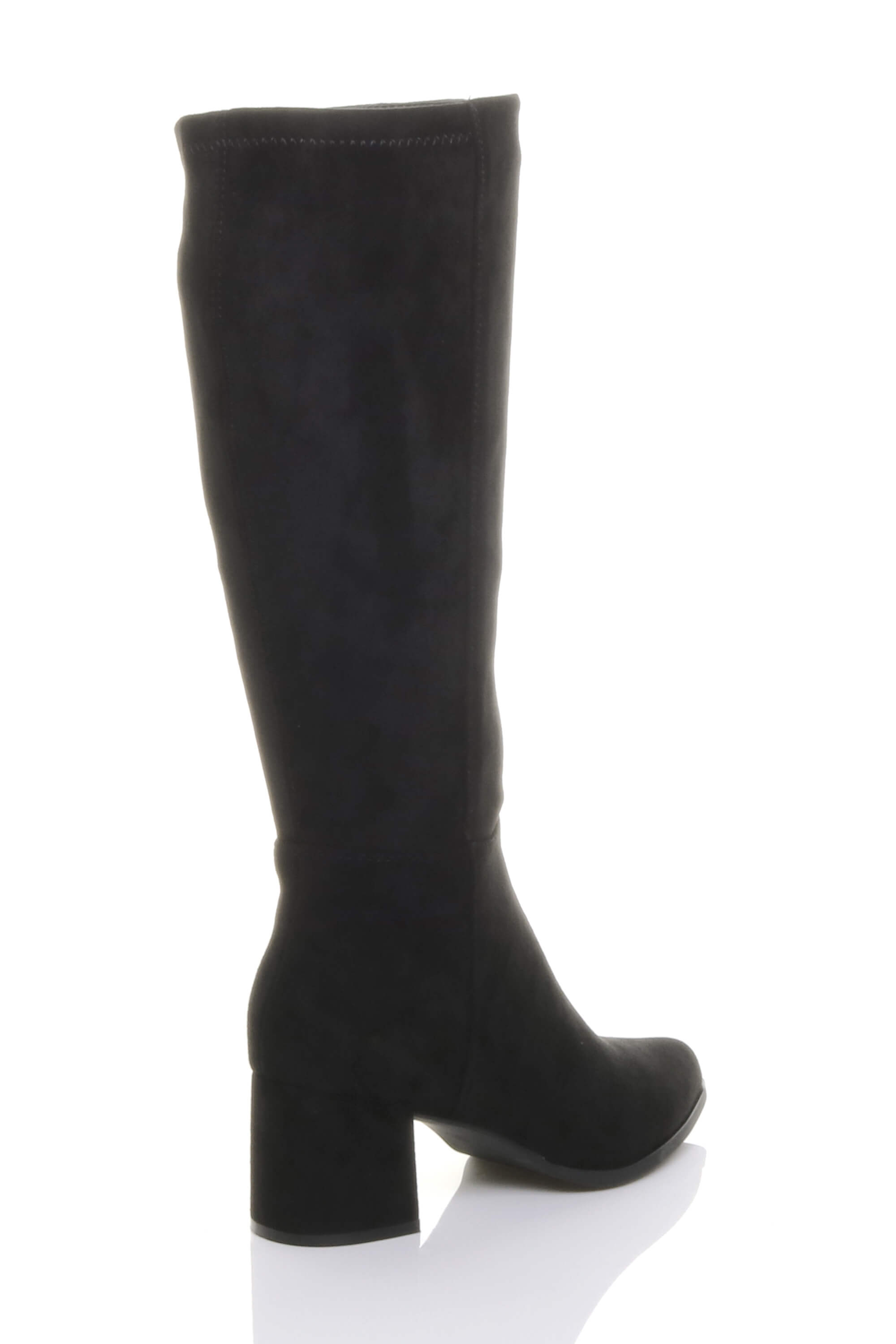 Black AJVANI Black Mid Block Heel Pointed Toe Stretchy Riding Calf Boots, Image 4 of 5