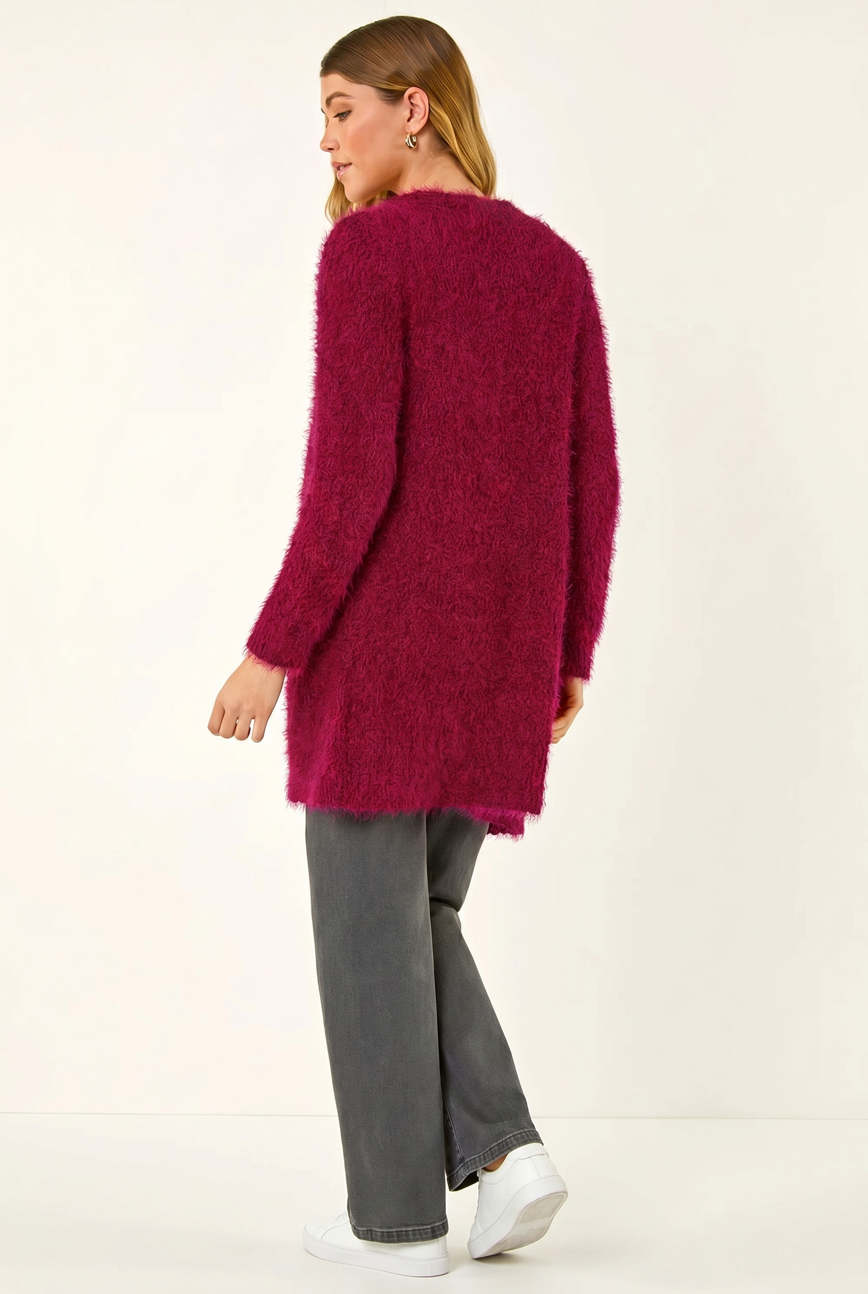 Red Textured Longline Knit Cardigan, Image 4 of 5