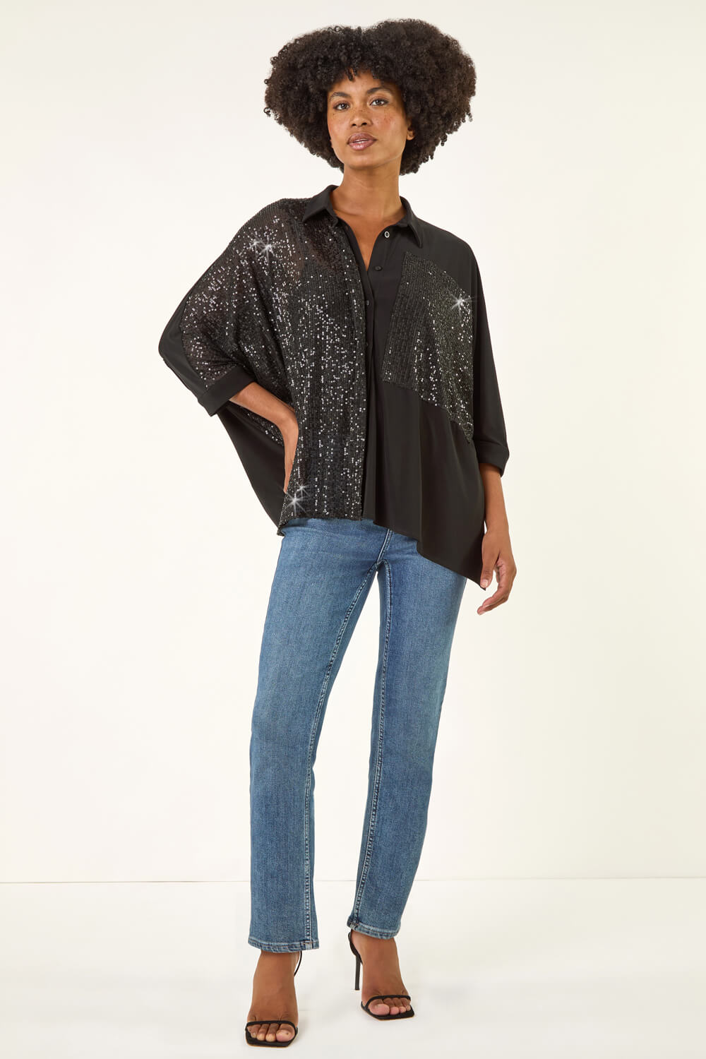 Black Sequin Buttoned Blouse , Image 3 of 5