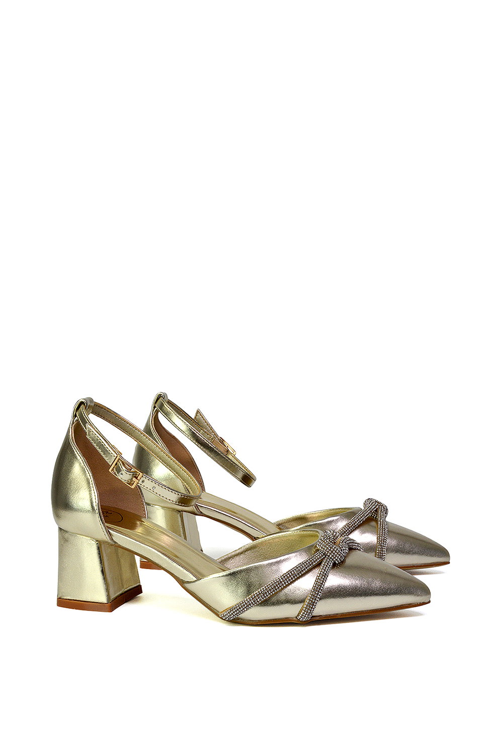 Gold 'Sarah' Ankle Strap Pointed Toe Diamante Mid Block Heels, Image 2 of 5