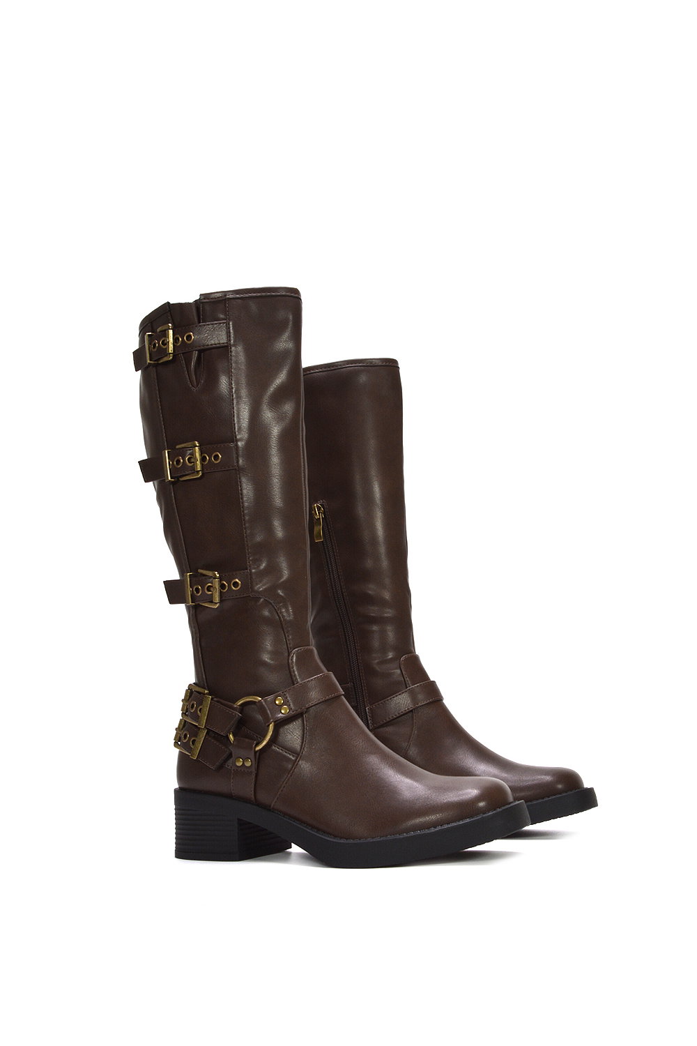 Brown XY LONDON Brown 'Cobra' Harness Square toe Knee High Biker Boots, Image 3 of 7