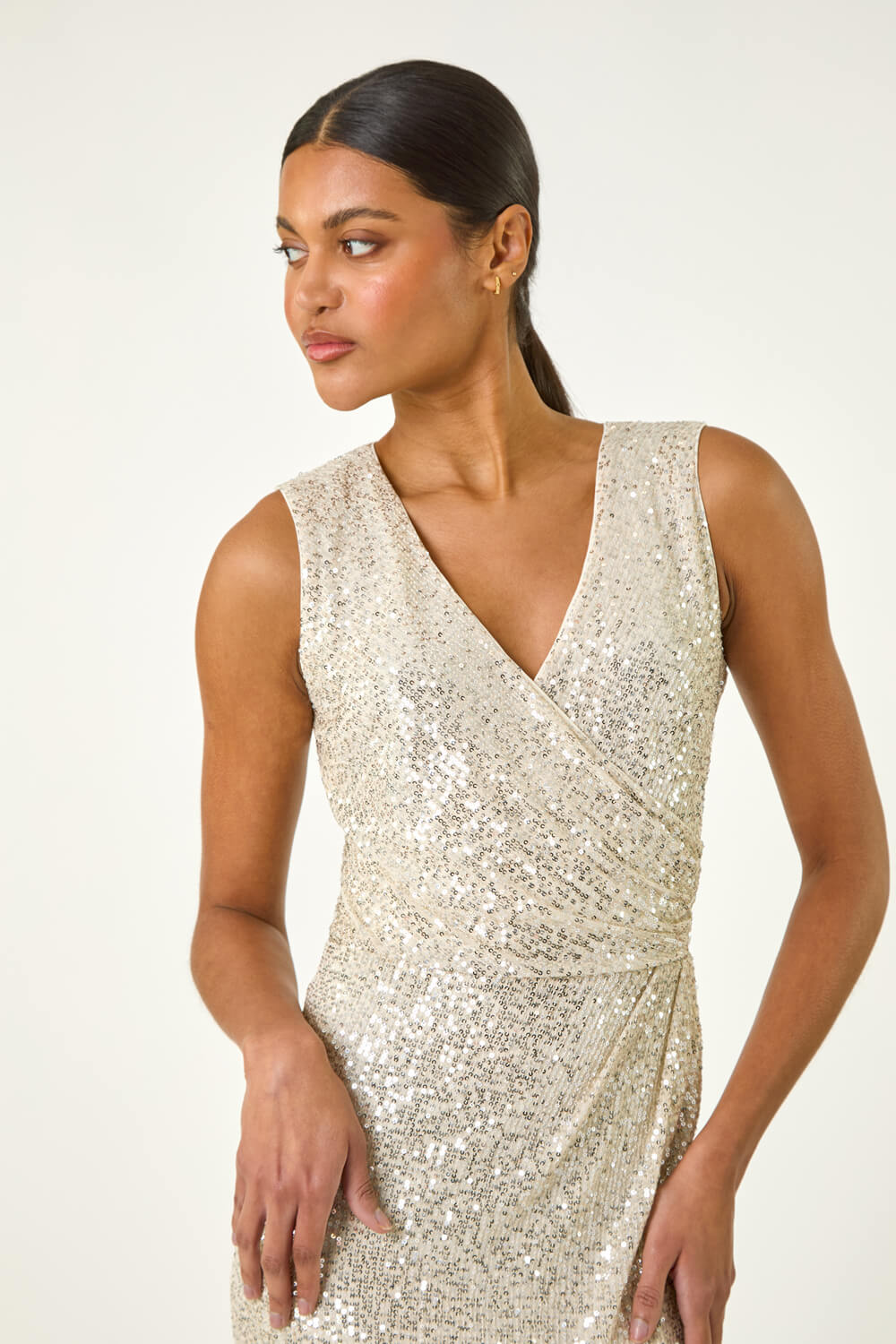 Silver Sequin Side Twist Wrap Maxi Dress, Image 5 of 5