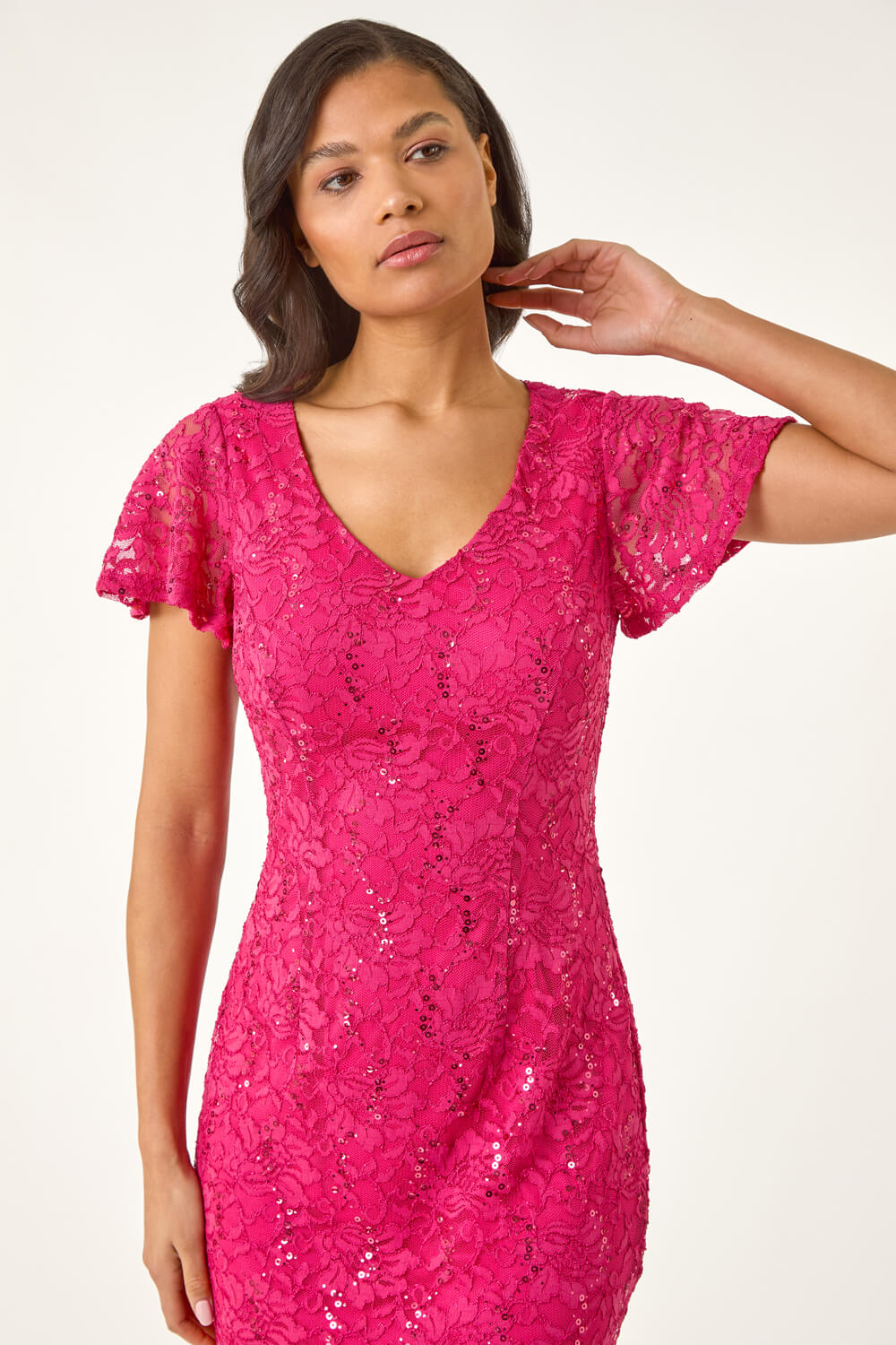 Fuchsia Sequin Lace Ruffle Stretch Midi Dress, Image 5 of 5