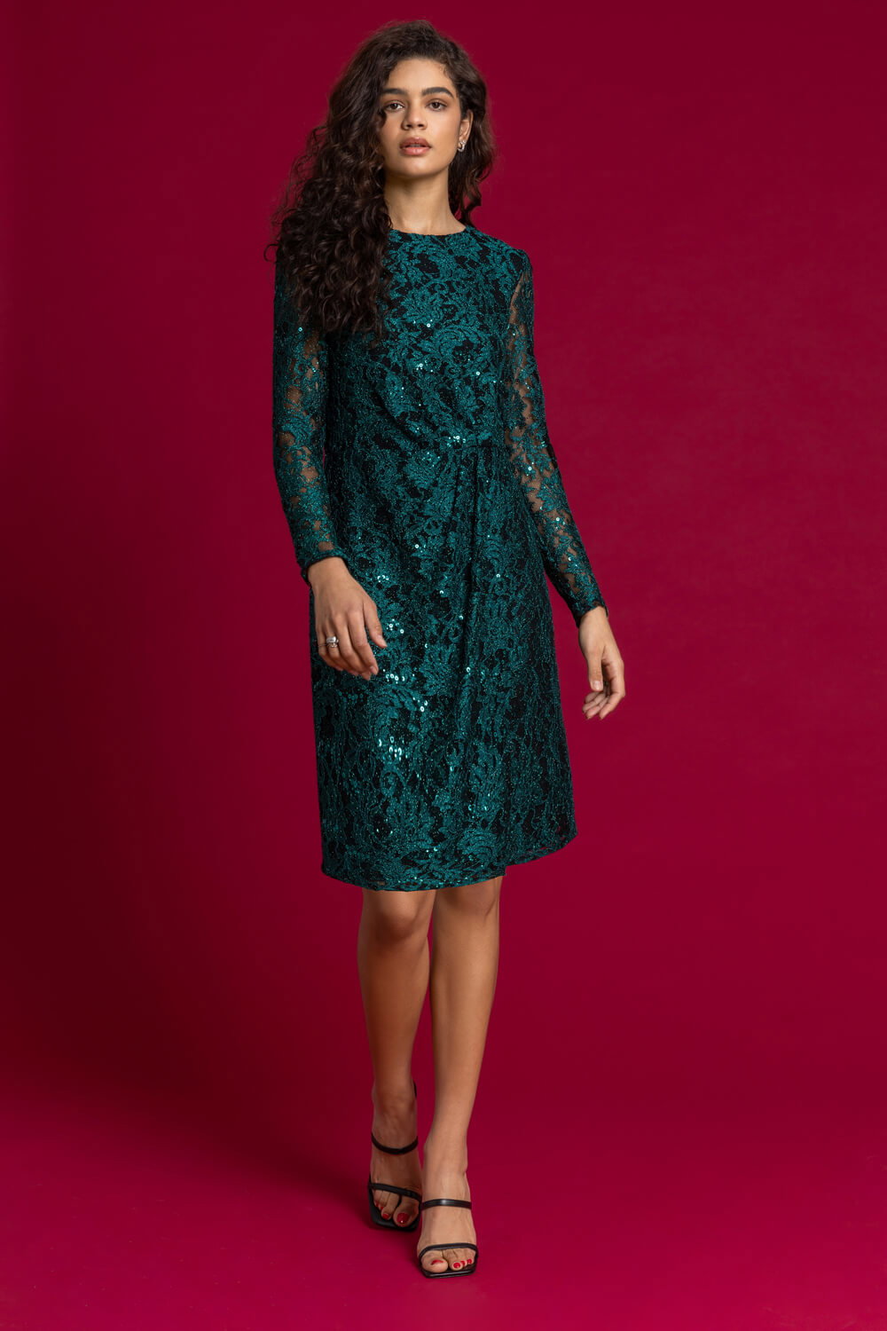 Teal Sequin Ruched Lace Wrap Dress, Image 4 of 5