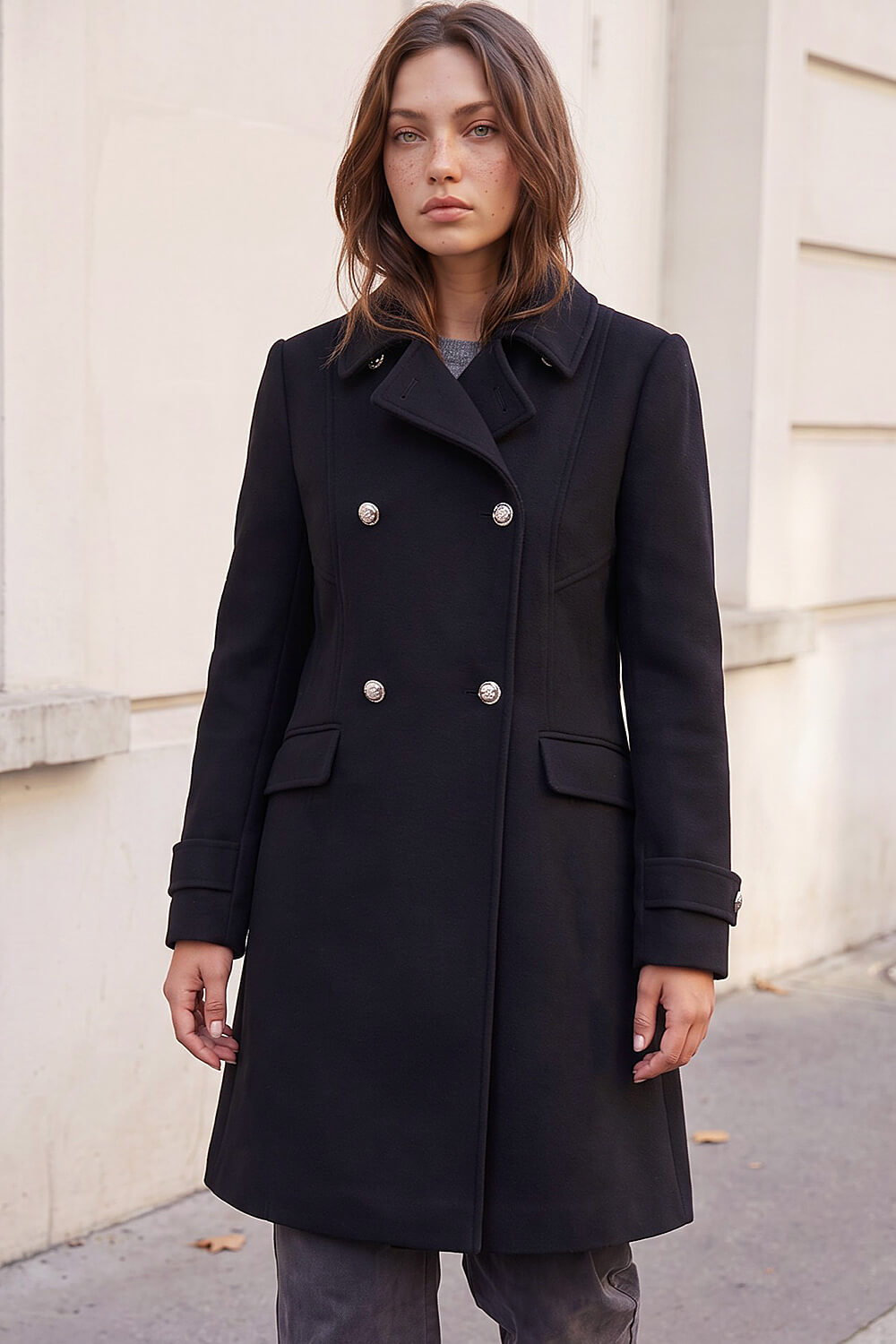 Roman Petite Women's Black Double Breasted Military Coat Size 16