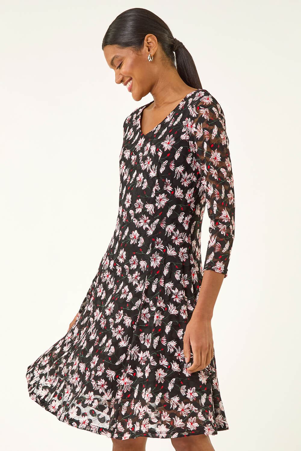 Roman Women's Red Floral Print Lace Stretch Dress Size 18
