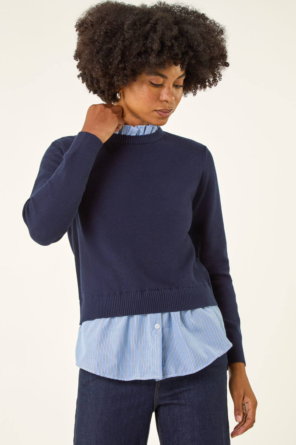 Navy Stripe Mock Shirt Knit Jumper, Image 5 of 5