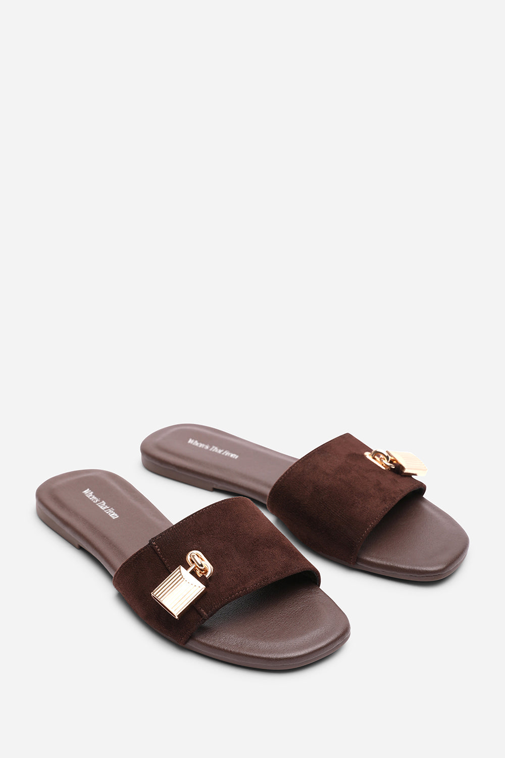 Dark Brown Solana Gold Trim Flat Slide On Sandal, Image 4 of 6