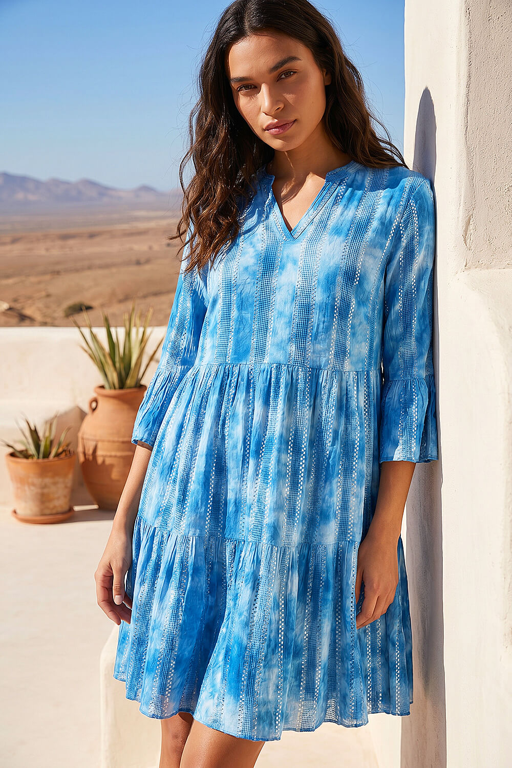 Blue Tie Dye Print Shimmer Smock Dress, Image 1 of 4