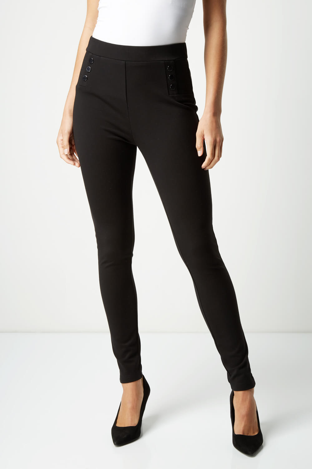 Black Popper Detail Ponte Trousers, Image 1 of 4