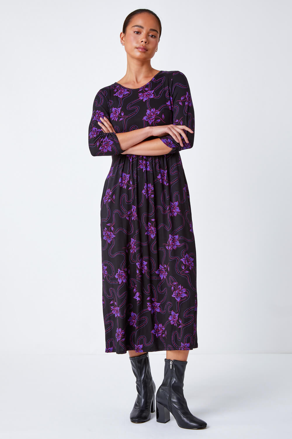 Purple Petite Floral Print Midi Dress, Image 3 of 5