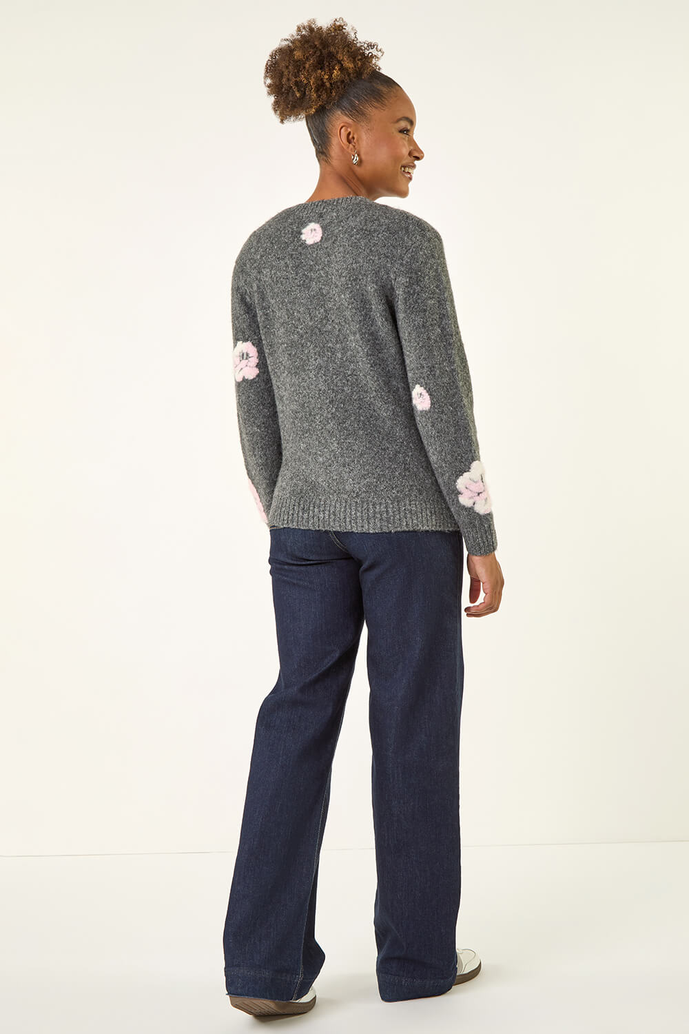 Grey Embossed Floral Knit Cardigan, Image 4 of 5