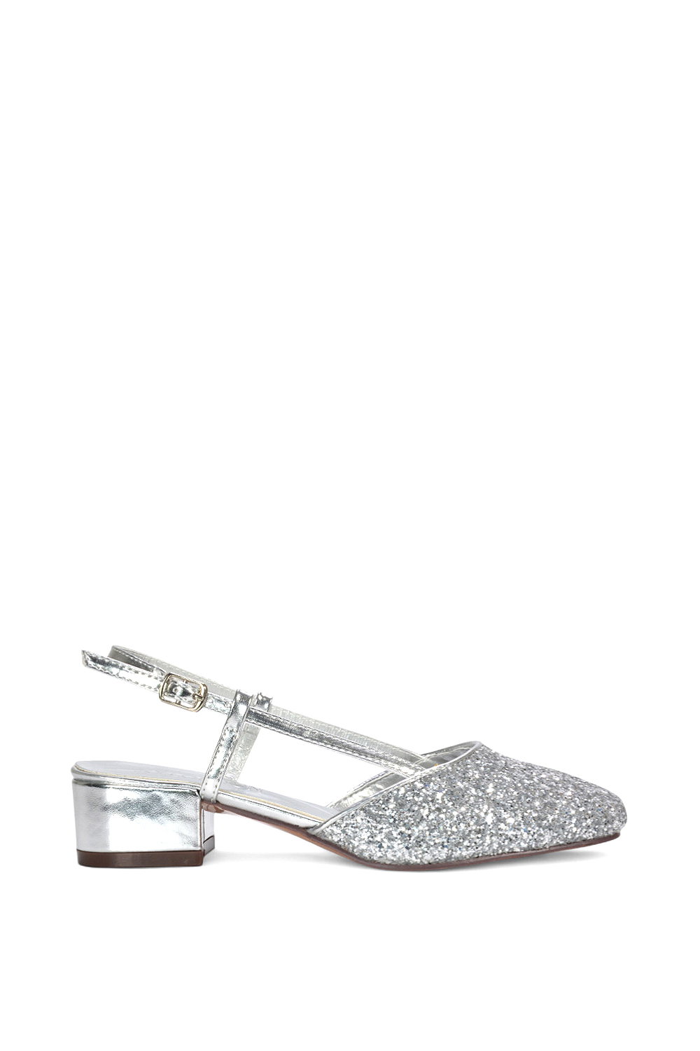 Silver XY LONDON Silver 'Kira' Slingback Court Shoes With Low Block Heel, Image 1 of 5