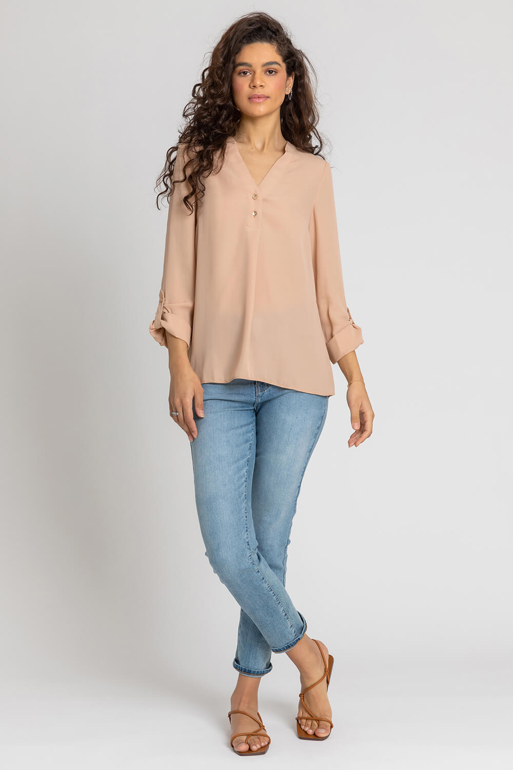 Camel Plain Buttoned Notch Neck Top, Image 4 of 4