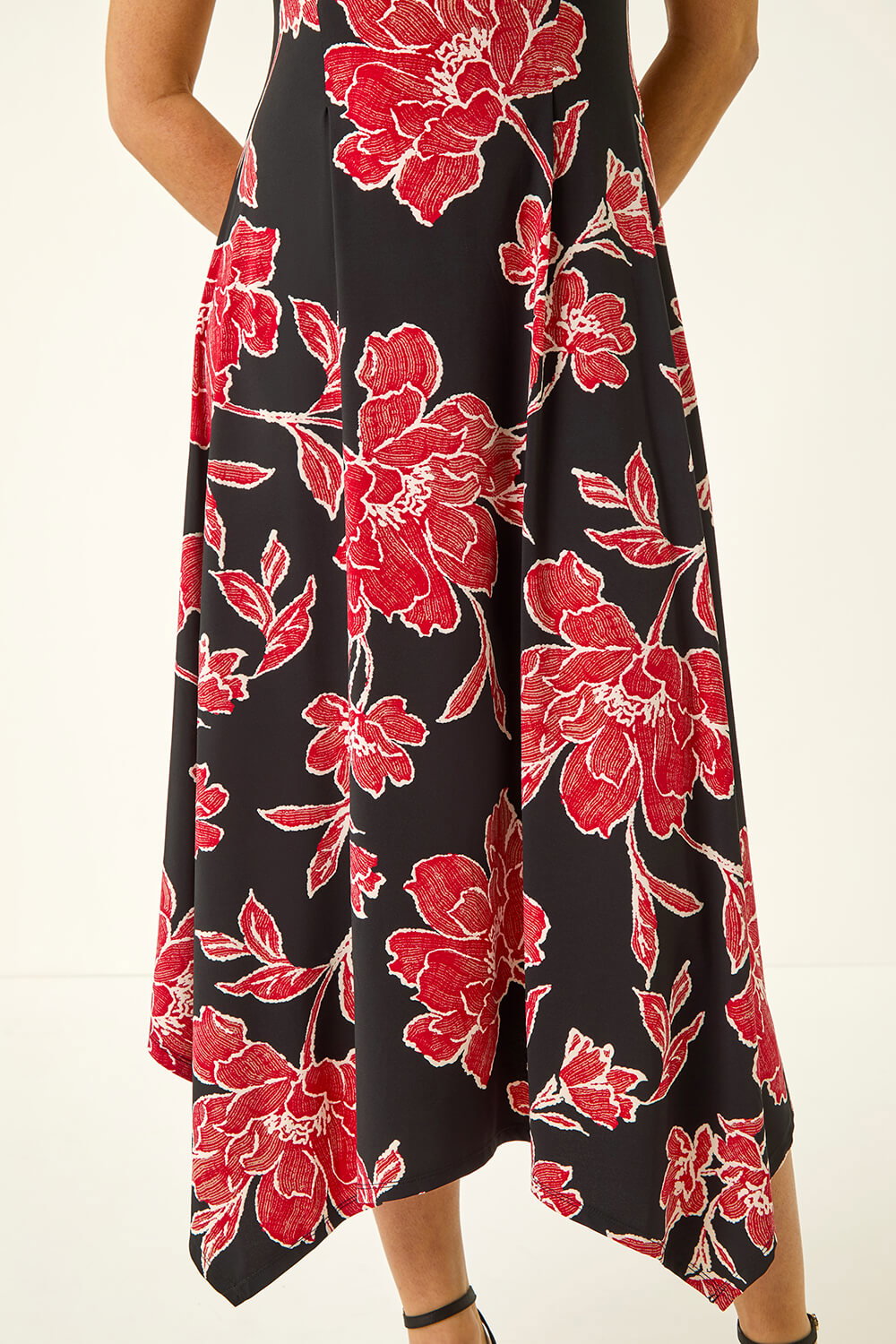 Black Floral Print Stretch Midi Dress, Image 6 of 5