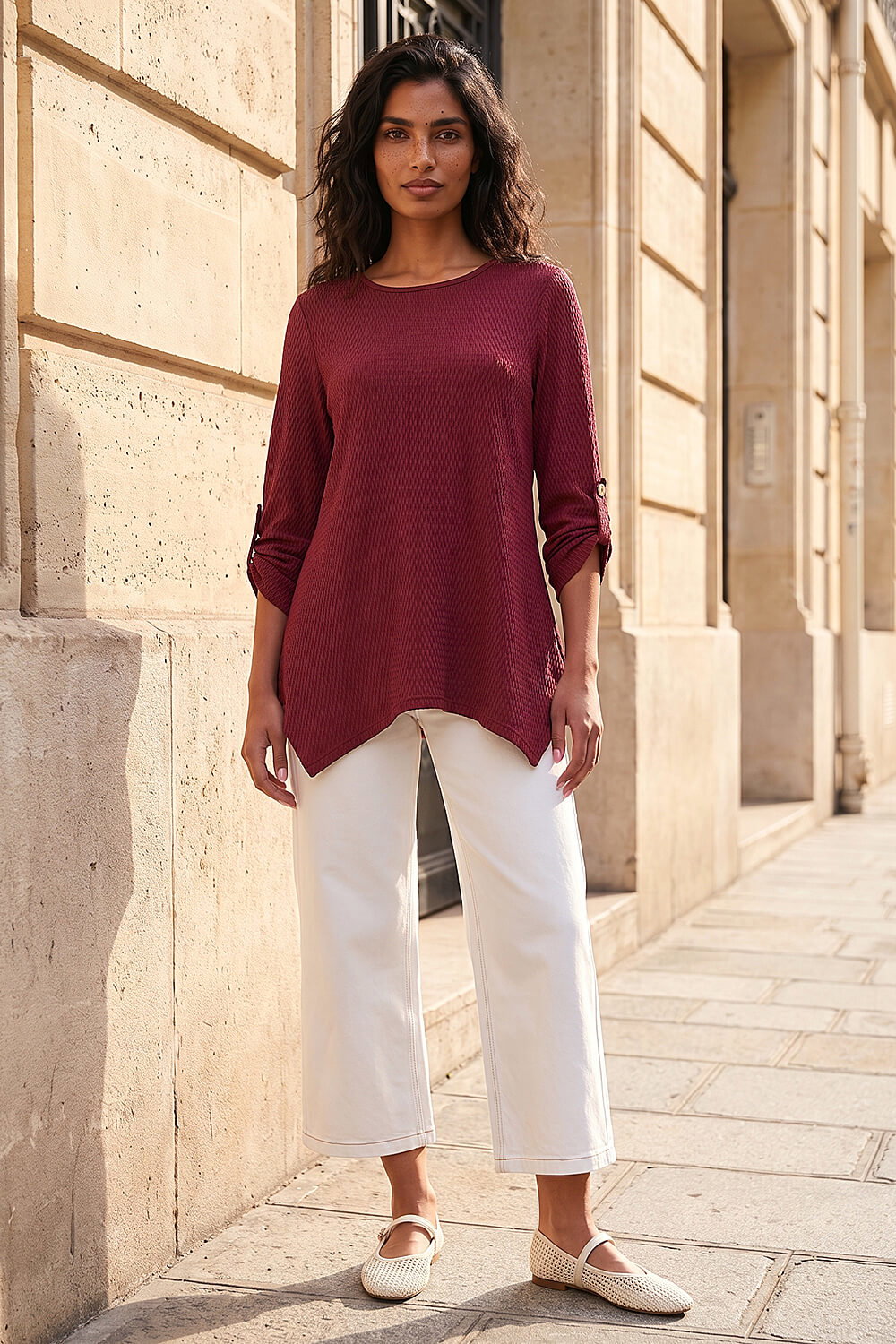 Burgundy Textured Stretch Tunic Top, Image 3 of 4