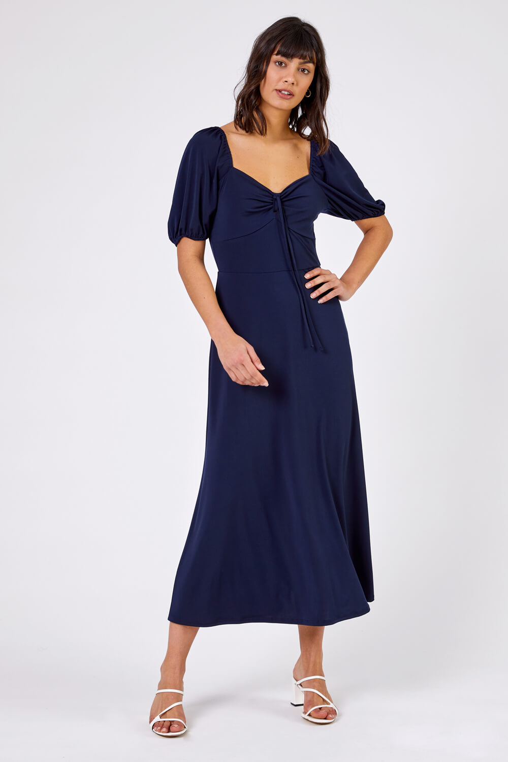 Navy Ruched Jersey Tie Detail Midi Dress, Image 4 of 4
