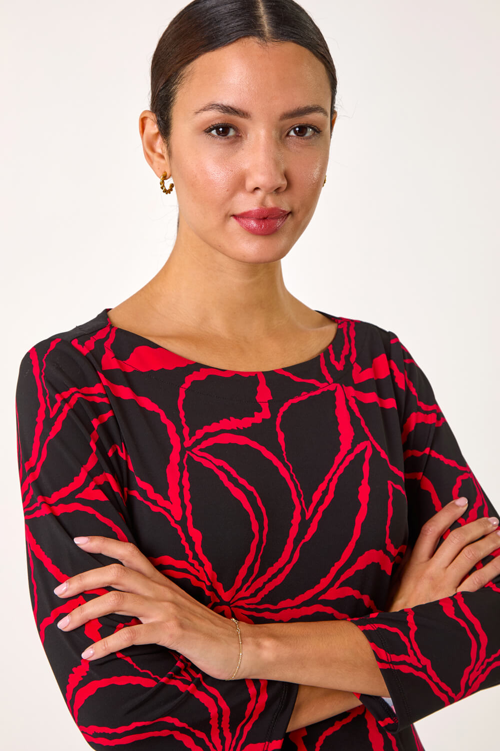 Red Floral Print Contrast Trim Top, Image 5 of 5