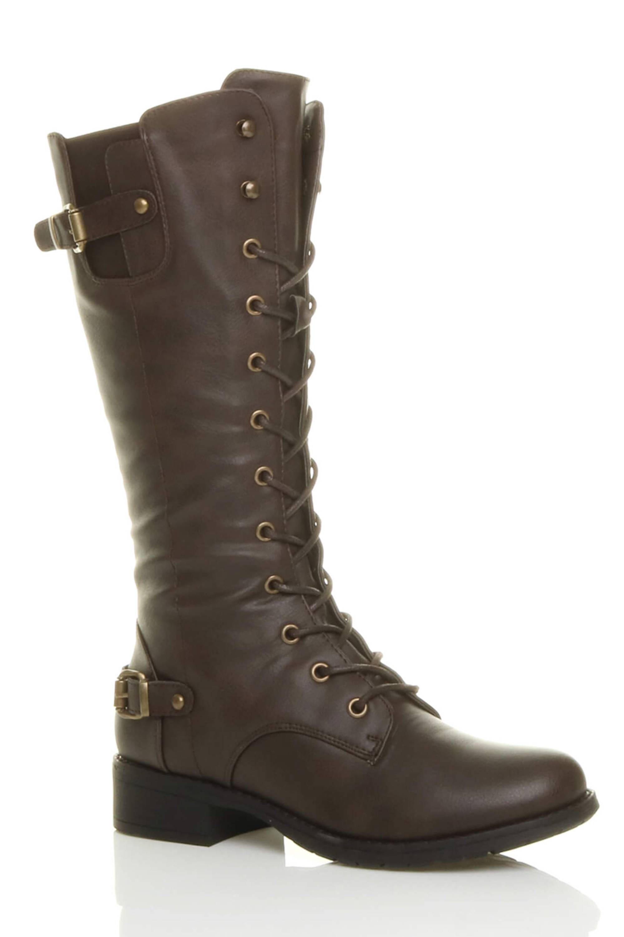 Brown AJVANI Brown Lace Up Calf Military Biker Boots, Image 1 of 6