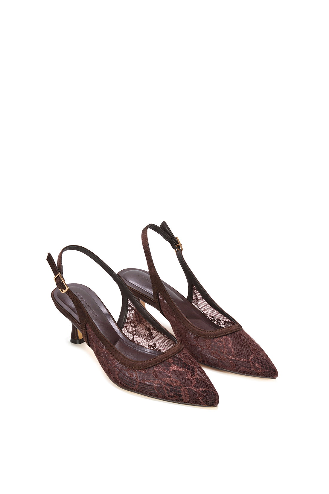 Brown Lace Slingback Court Shoes Pointed Toe Kitten Heels, Image 5 of 6