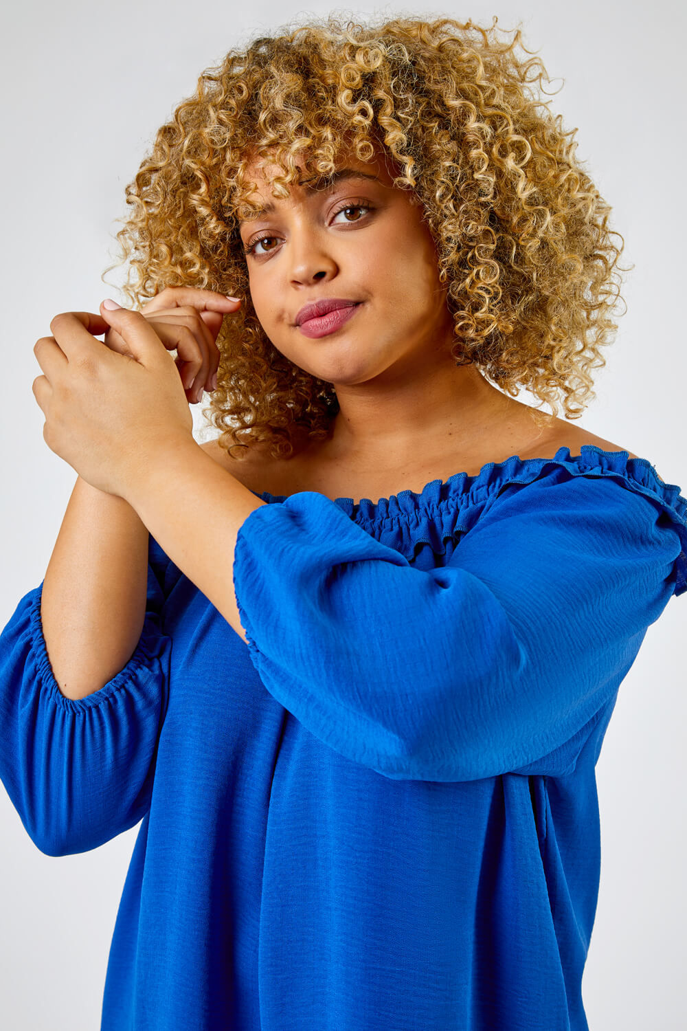Royal Blue Curve Frill Detail Bardot Top , Image 6 of 6