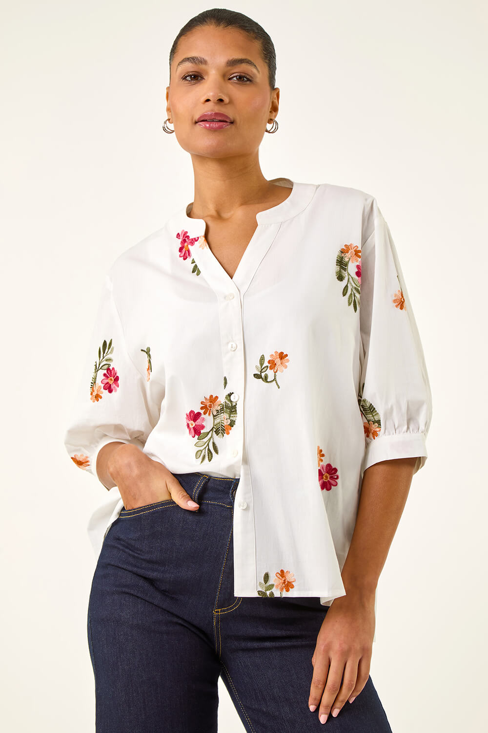 Ivory Floral Embroidered V-Neck Blouse, Image 5 of 5