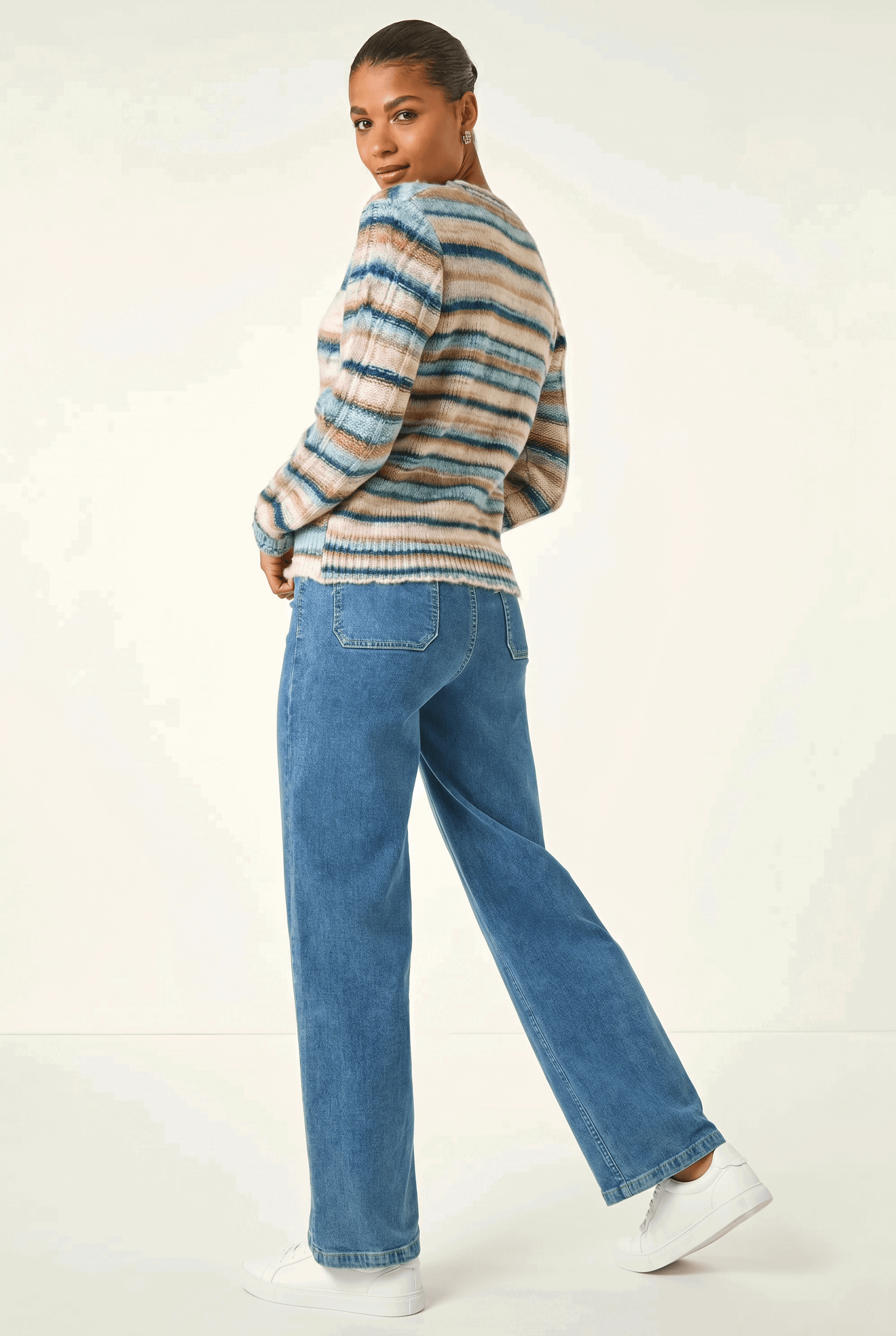 Light Blue Stripe Buttoned Cable Knit Cardigan, Image 1 of 5