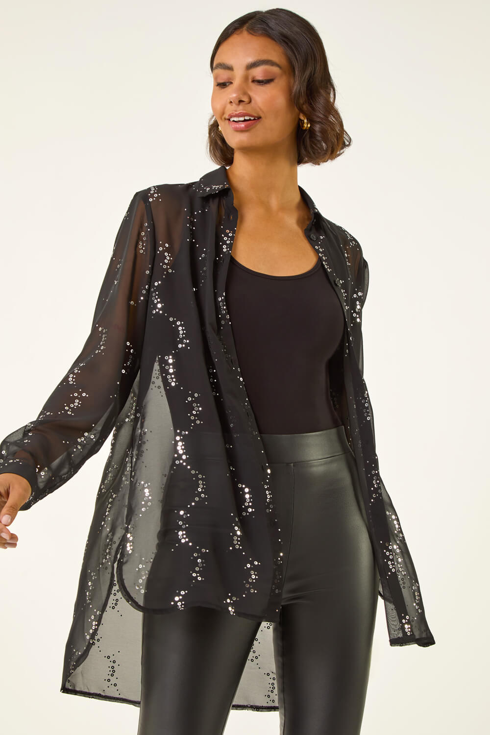 Black Spot Foil Print Longline Shirt, Image 1 of 5