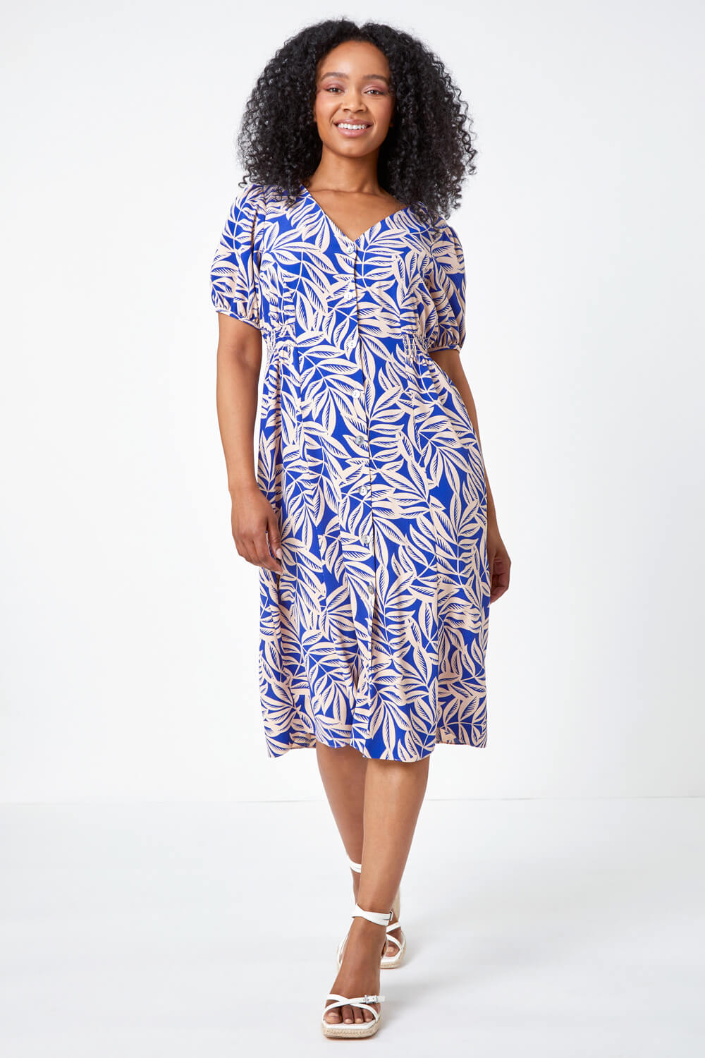 Blue Petite Leaf Print Button Midi Dress, Image 5 of 5