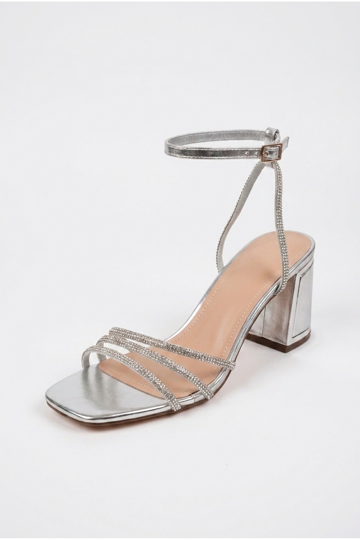 Silver iKrush Silver Cordelia Rhinestone Strap Block Heel Sandals, Image 2 of 5