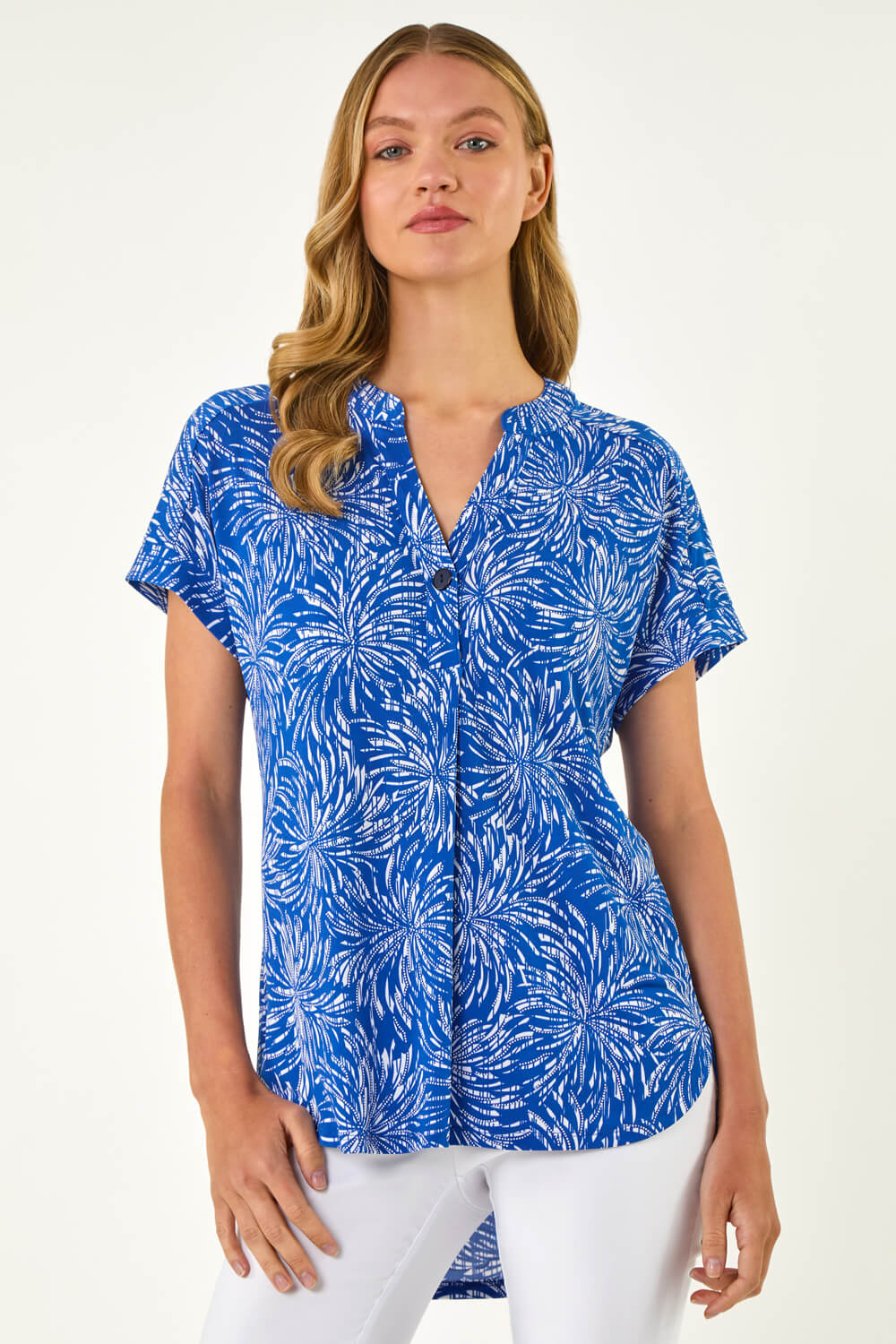 Royal Blue Abstract Print V-Neck Stretch Top, Image 5 of 5