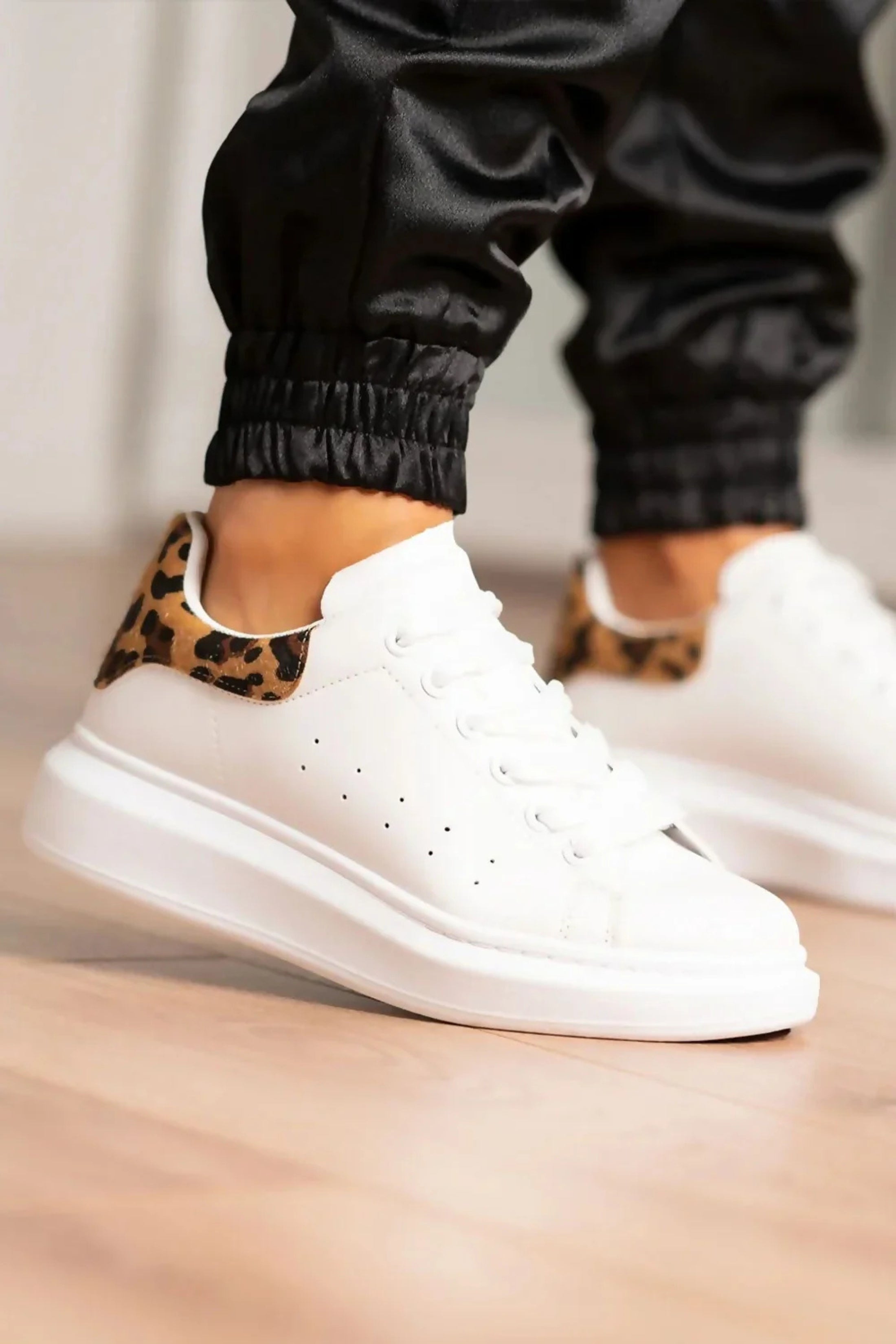 White Femme Luxe White Leopard Print Chunky Trainers - Julia, Image 1 of 3