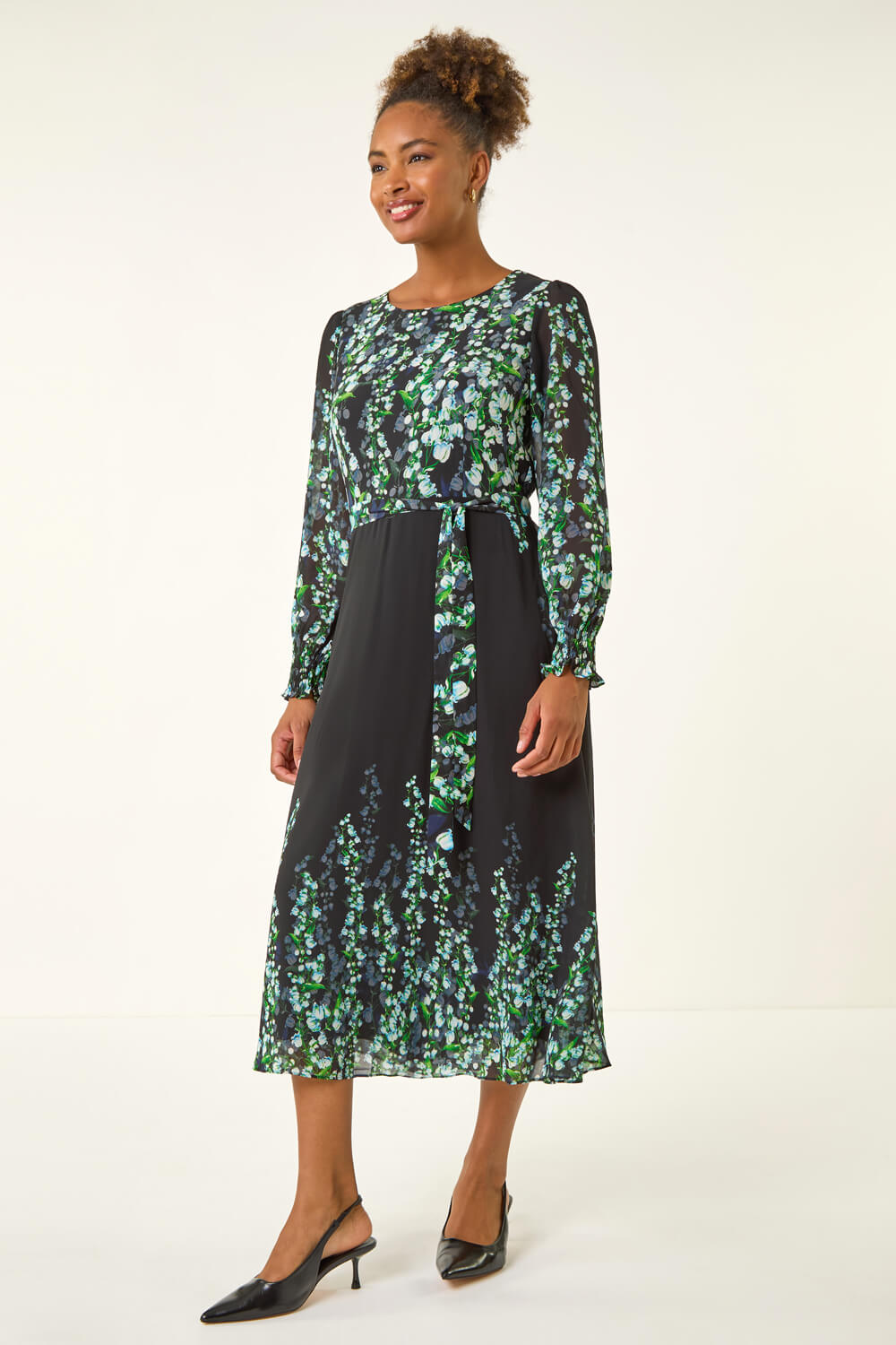 Blue Floral Border Belted Midi Dress, Image 3 of 5
