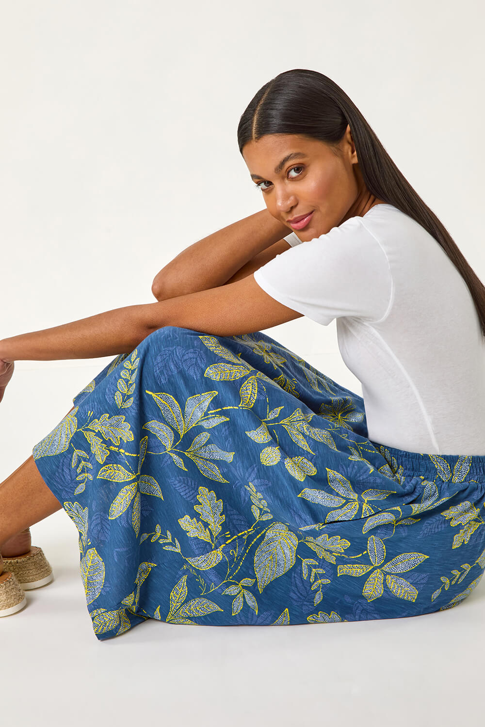 Denim Leaf Print A-Line Skirt, Image 4 of 5