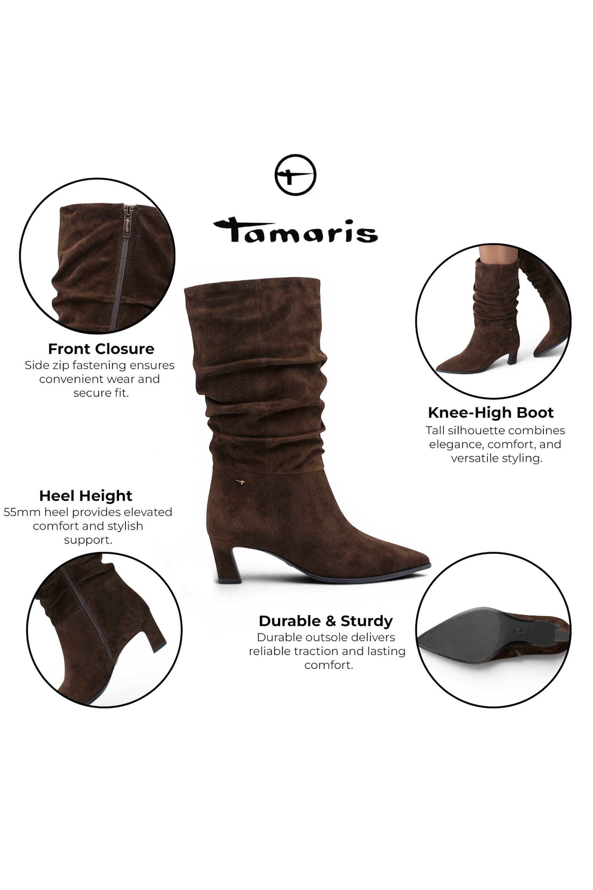 Dark Brown Suede Mid-Calf Heeled Long Boots, Image 3 of 8