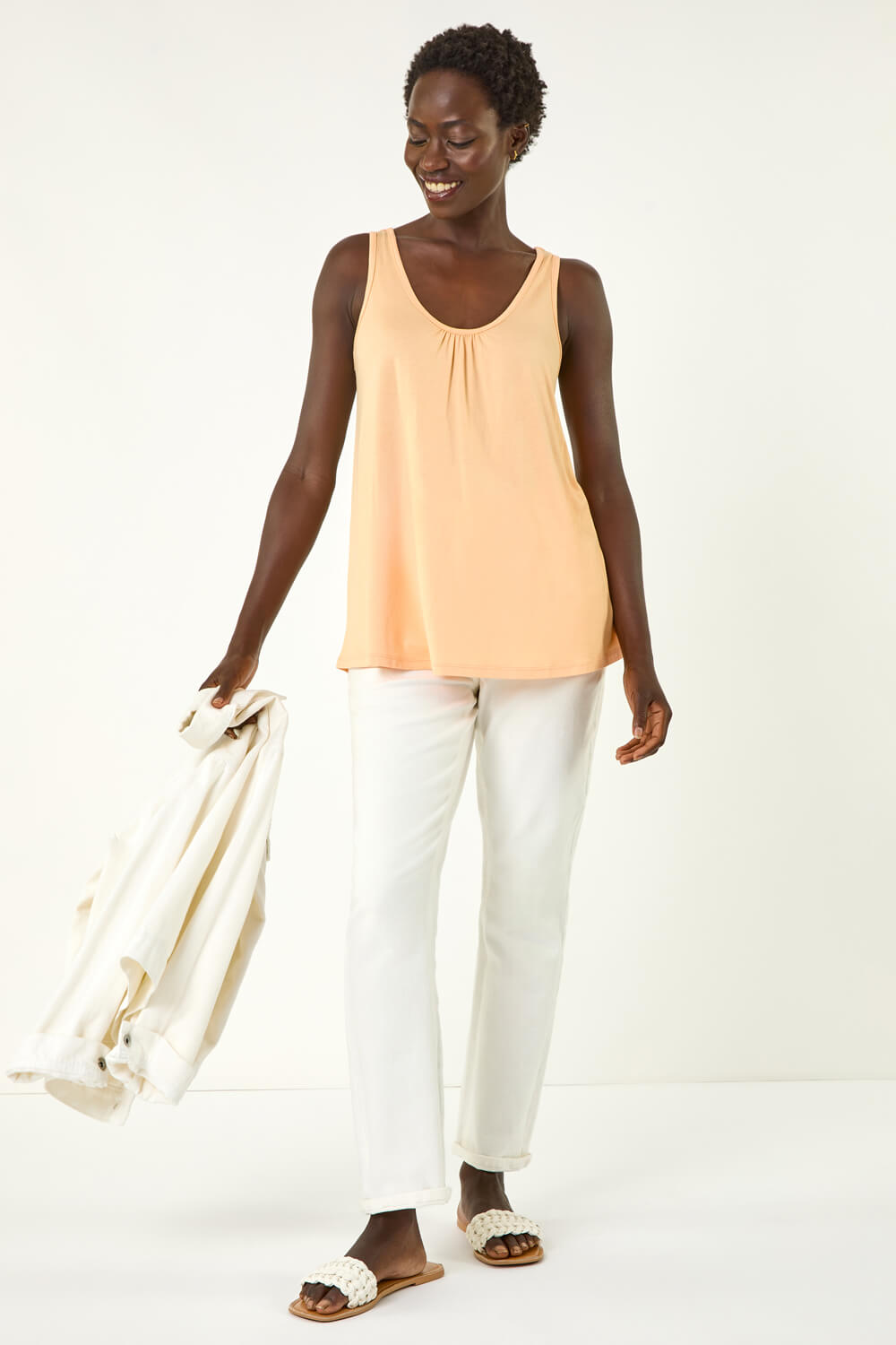 Peach V-Neck Stretch Jersey Vest Top, Image 3 of 5