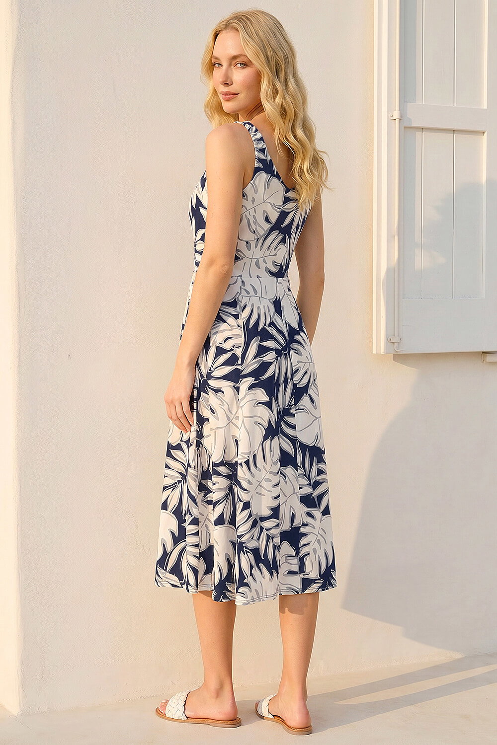Ivory Palm Leaf Print Midi Dress, Image 3 of 4