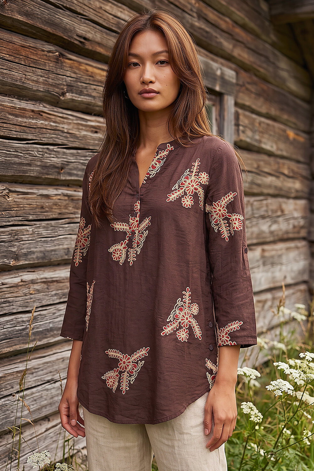 Roman Women's Chocolate Embroidered Floral V-Neck Top Size 16