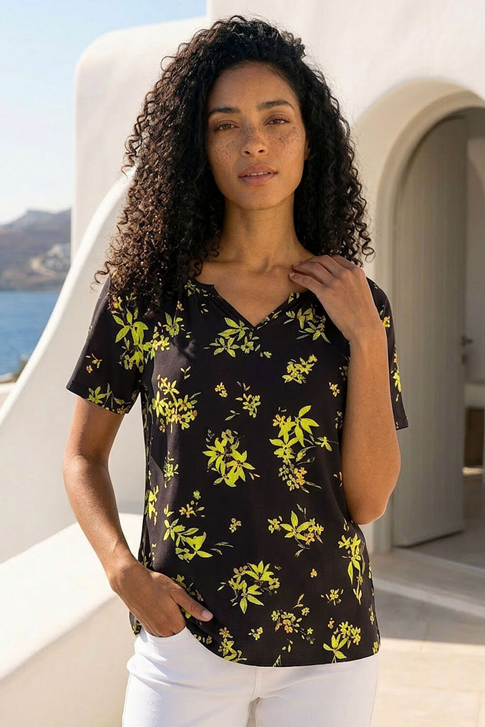 Green Floral Print Gathered Stretch Top, Image 1 of 4