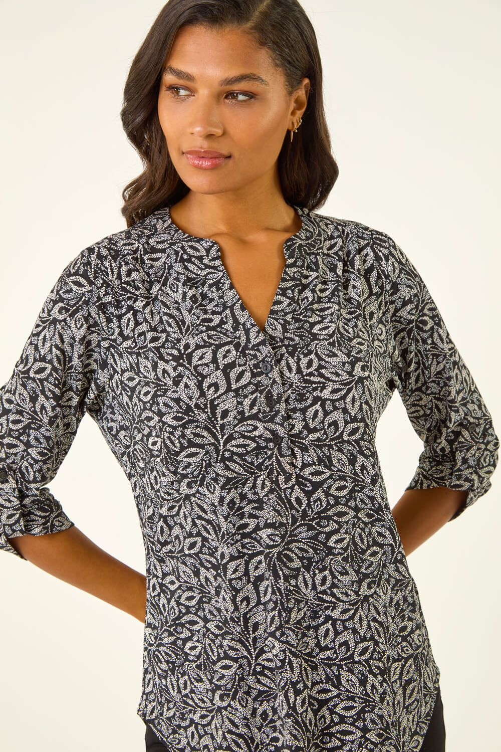 Black Printed V-Neck Stretch Top, Image 1 of 5