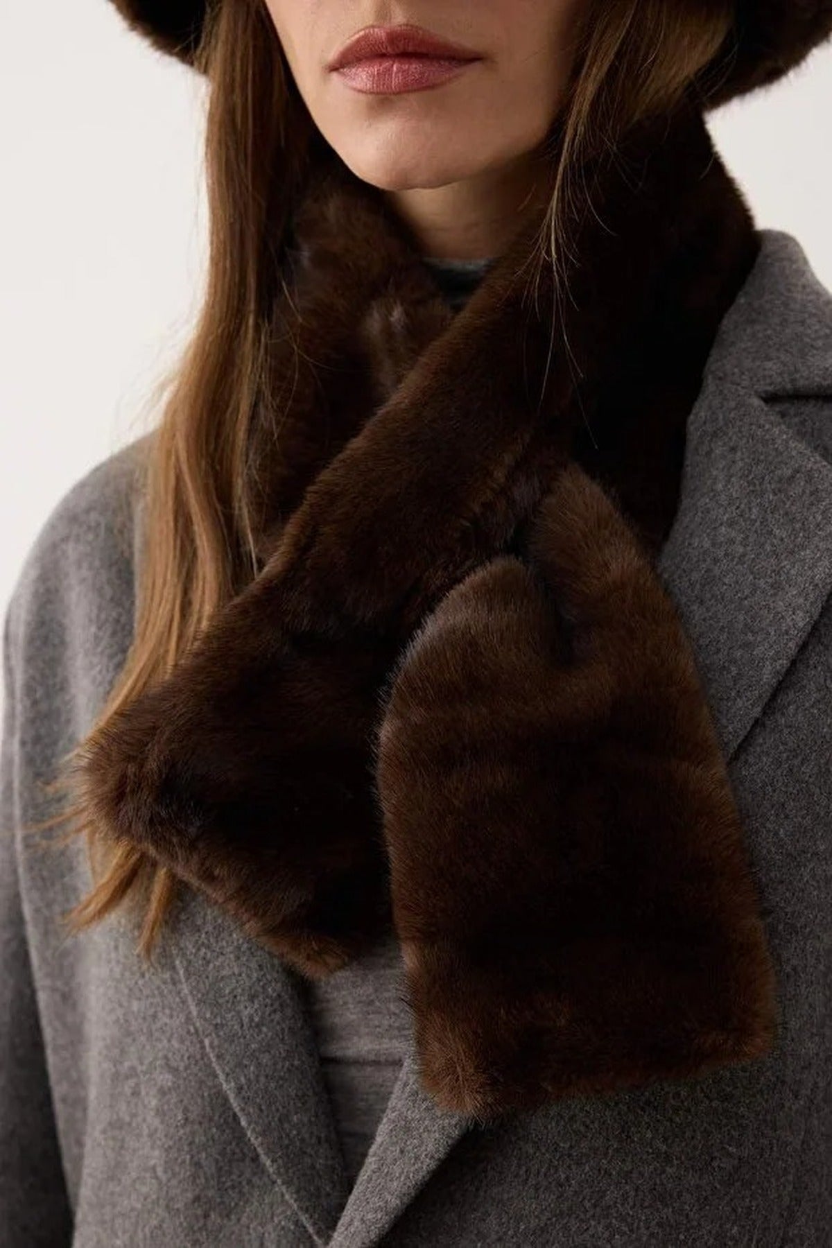 Brown Two Piece Faux Fur Hat and Scarf Knit Set, Image 2 of 5