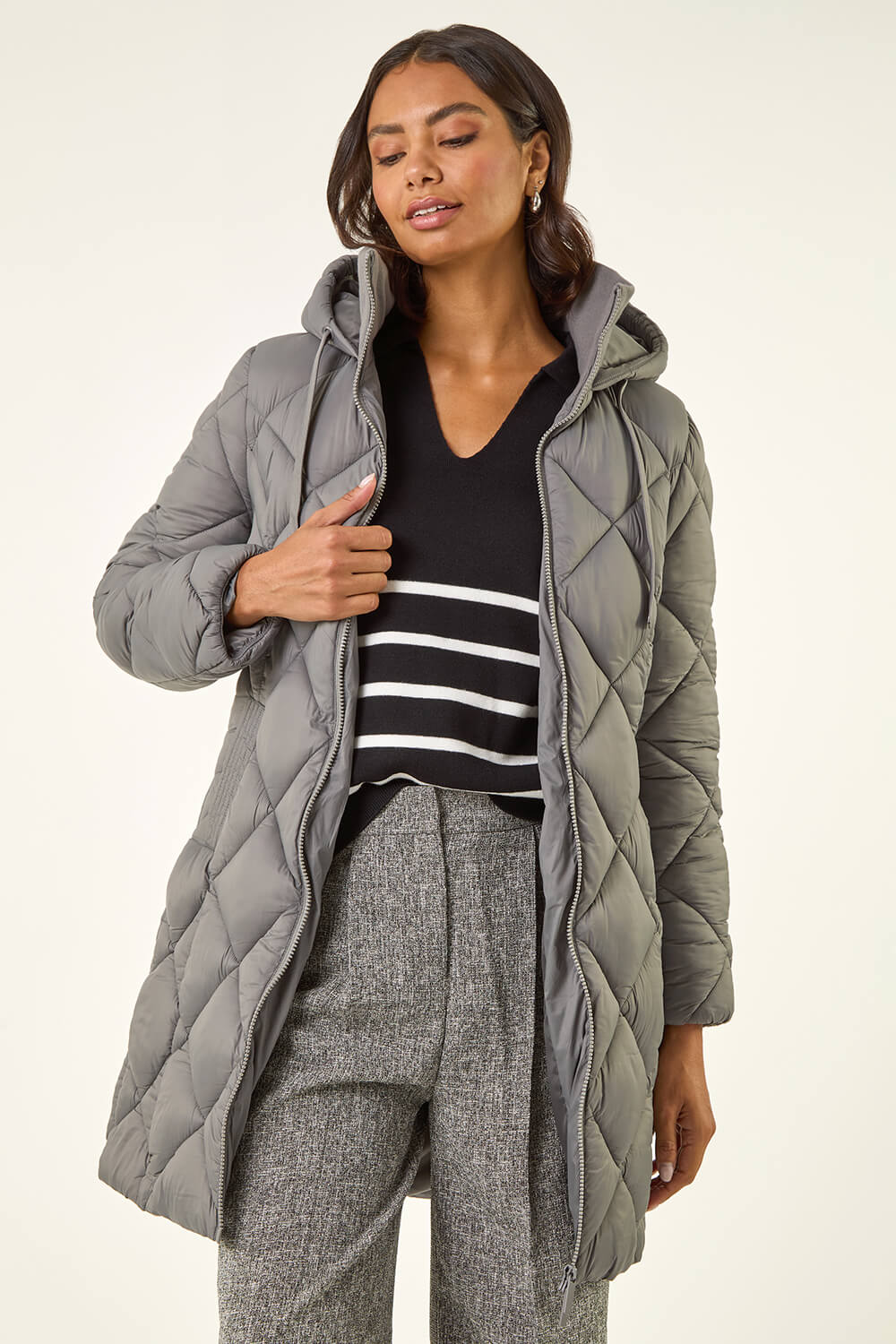 Grey Diamond Quilt Padded Coat, Image 4 of 6