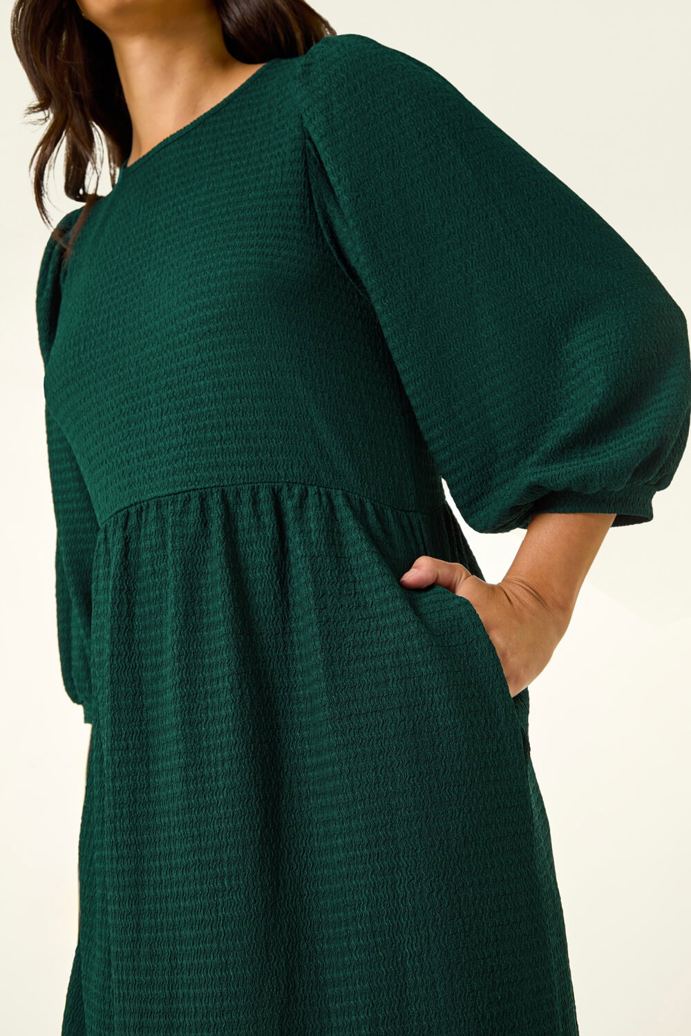 Green Dusk Textured Blouson Puff Sleeve Dress, Image 6 of 5