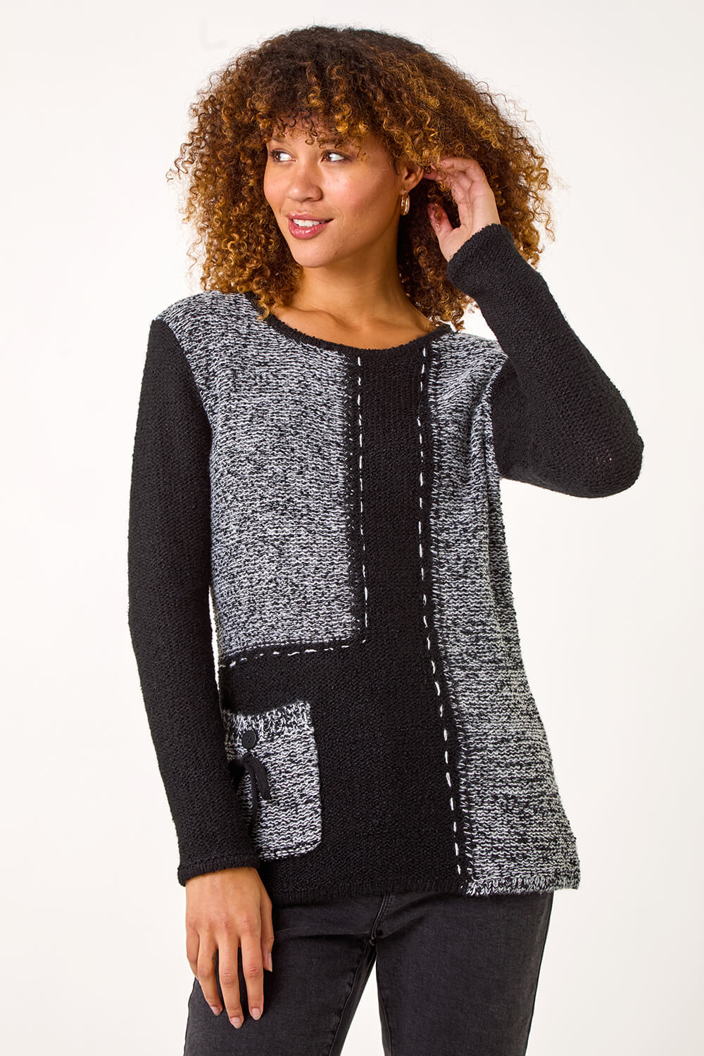 Black Textured Contrast Pocket Knit Jumper, Image 1 of 5