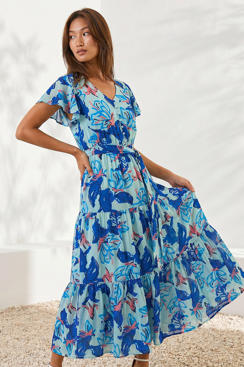 Blue Floral Tiered Tie Waist Dress, Image 1 of 4